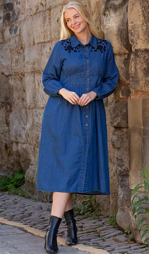 Mudflower Denim Long Sleeve Midi Dress